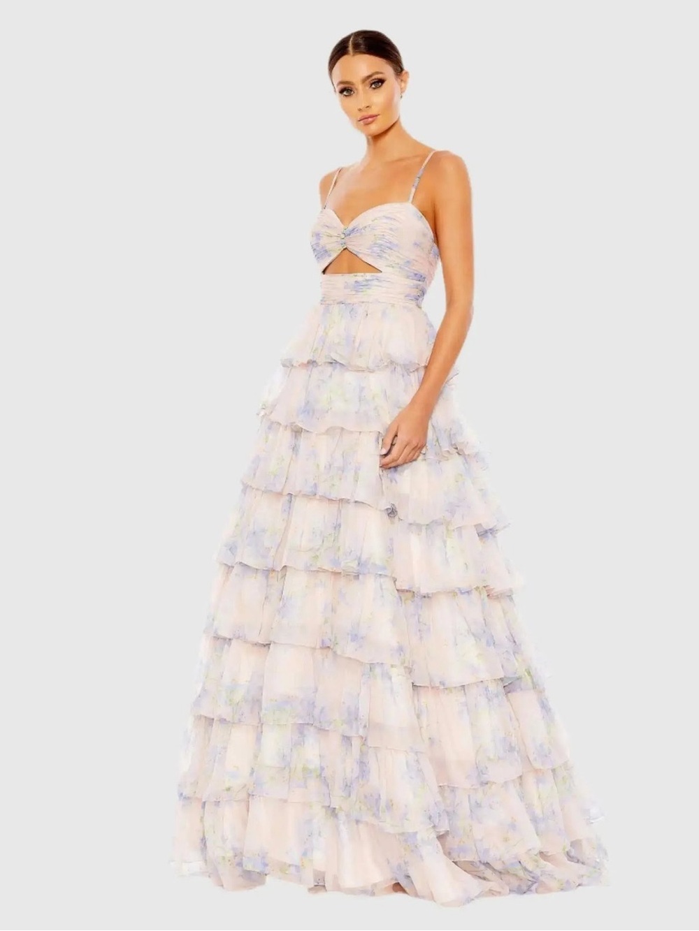 Mac Duggal 67966 Purple Floral Cut Out Ruffle Layered Gown Size 12 NWT